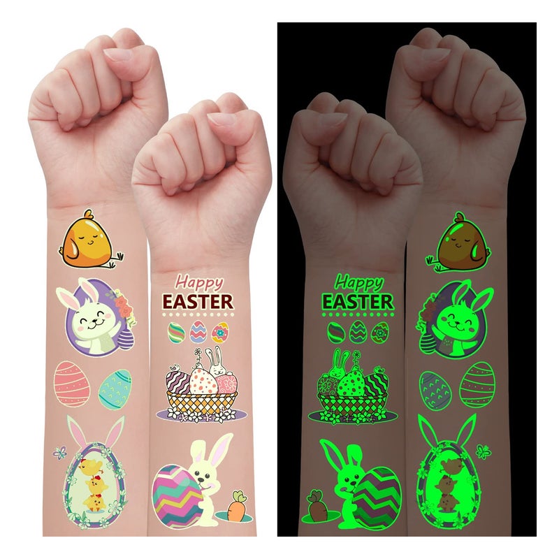 Partywind 132 PCS 12 Sheets Luminous Easter Temporary Tattoos for Kids Basket Stuffers Glow Easter Decorations Party Favors Supplies Essentials Easter Games for Toddlers Boys Girls