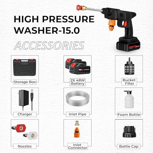 TECH LOGO ELECTRONICS Pressure Washer Gun 48V 12000mah High Pressure Water Gun for Car Wash Bike Washing Cleaning with 5m Hose, Foam Sprayer (Black-2 Battery) - Image 4
