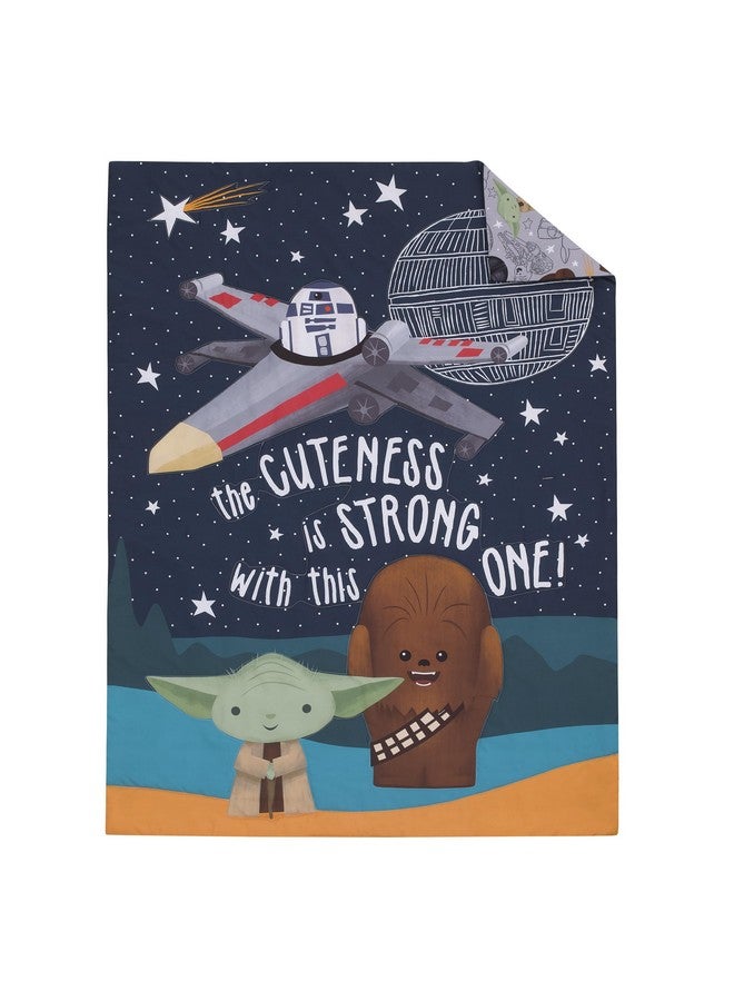 NoJo Star Wars Welcome to The Galaxy Navy and Gray Yoda, R2-D2, Chewbacca, and Princess Leia 4 Piece Toddler Bed Set - Comforter, Fitted Bottom Sheet, Flat Top Sheet, and Reversible Pillowcase - Image 2