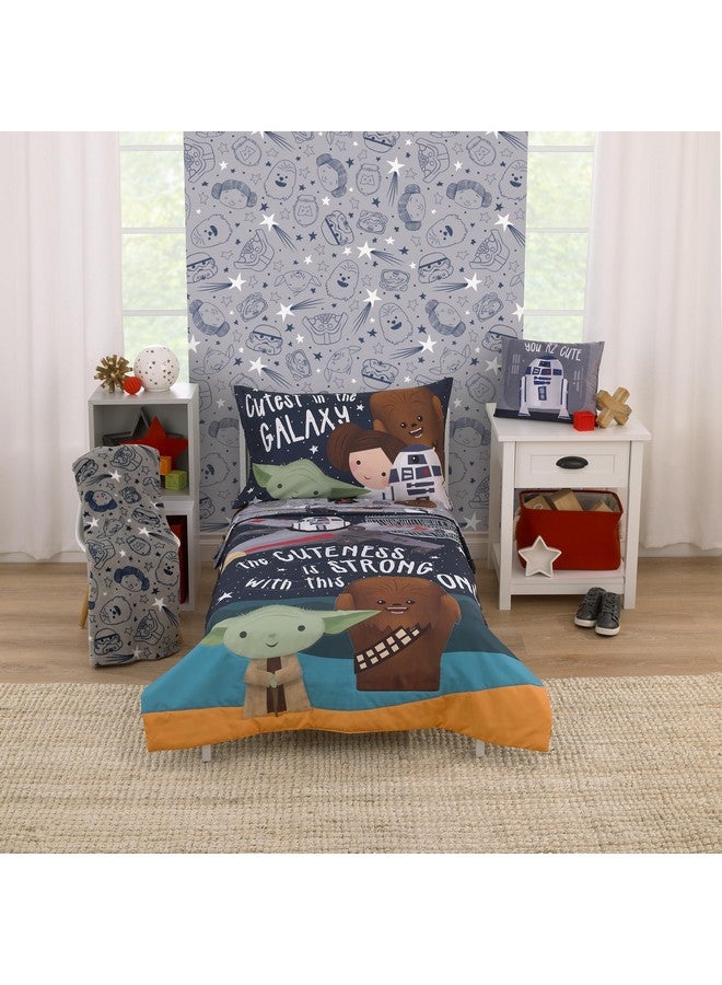 NoJo Star Wars Welcome to The Galaxy Navy and Gray Yoda, R2-D2, Chewbacca, and Princess Leia 4 Piece Toddler Bed Set - Comforter, Fitted Bottom Sheet, Flat Top Sheet, and Reversible Pillowcase - Image 1