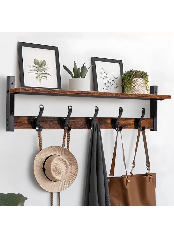 حياة جيدة خيوط الجدران مع الرفوف، ورفع الملابس الخشبية مع الرفوف، ورفوف التعليق مع 5 راكبات معدنية، مناسبة للحمام والحمام وغرف النوم (بني) - Image 1