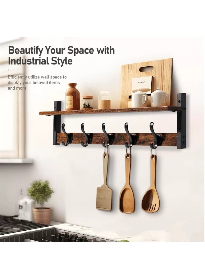 حياة جيدة خيوط الجدران مع الرفوف، ورفع الملابس الخشبية مع الرفوف، ورفوف التعليق مع 5 راكبات معدنية، مناسبة للحمام والحمام وغرف النوم (بني) - Image 2