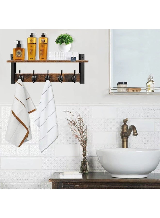 حياة جيدة خيوط الجدران مع الرفوف، ورفع الملابس الخشبية مع الرفوف، ورفوف التعليق مع 5 راكبات معدنية، مناسبة للحمام والحمام وغرف النوم (بني) - Image 3