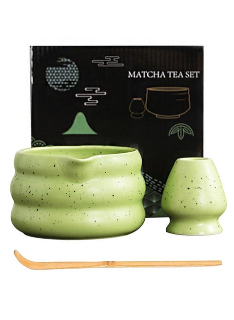Matcha Tea Set 3 Pieces, Matcha Bowl With Spout, Sand Dot Glaze Matcha Bowl With Whisk Stand, With Bamboo Spoon, Suitable For Matcha Powder/Matcha (Matcha Color)