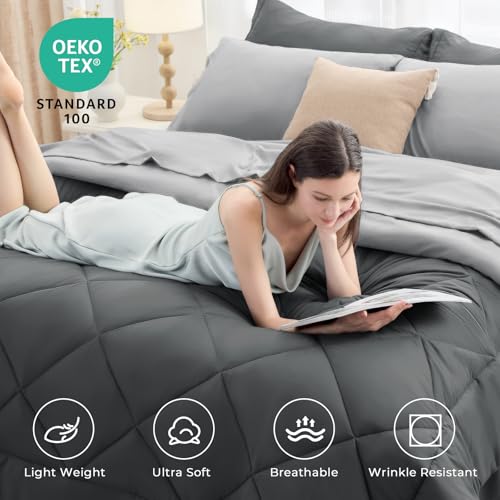 HEVUMYI King Comforter Set - 7-Piece All Season Bed in a Bag King, Ultra Soft Bedding Set with Comforter, Flat Sheet, Fitted Sheet, Pillowcases, Pillow Shams, Dark Grey & Light Grey - Image 3