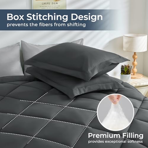 HEVUMYI King Comforter Set - 7-Piece All Season Bed in a Bag King, Ultra Soft Bedding Set with Comforter, Flat Sheet, Fitted Sheet, Pillowcases, Pillow Shams, Dark Grey & Light Grey - Image 5