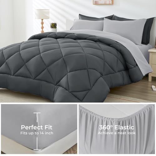 HEVUMYI King Comforter Set - 7-Piece All Season Bed in a Bag King, Ultra Soft Bedding Set with Comforter, Flat Sheet, Fitted Sheet, Pillowcases, Pillow Shams, Dark Grey & Light Grey - Image 4