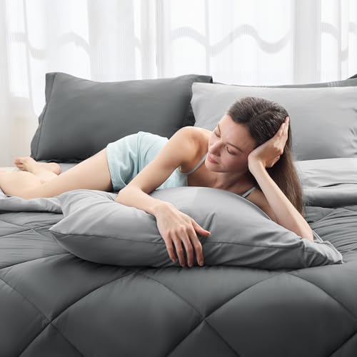 HEVUMYI King Comforter Set - 7-Piece All Season Bed in a Bag King, Ultra Soft Bedding Set with Comforter, Flat Sheet, Fitted Sheet, Pillowcases, Pillow Shams, Dark Grey & Light Grey - Image 2