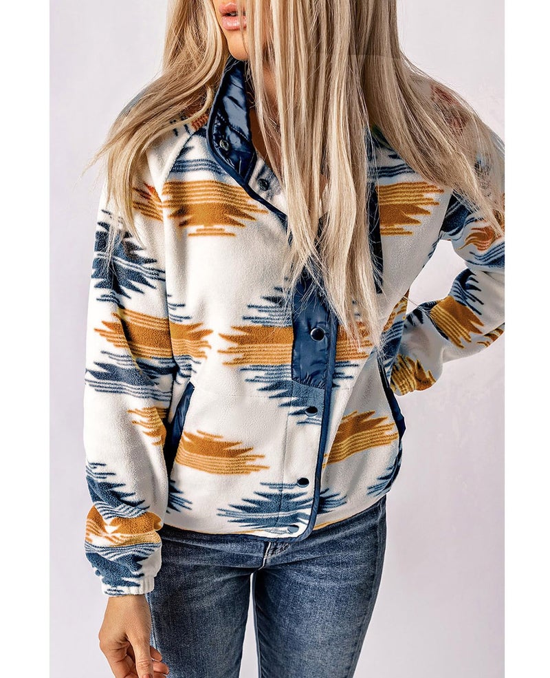 SELINK Womens Fleece Jacket Western Aztec Print Long Sleeve Snap Button Down Shacket Jackets with Pockets Blue-M - Image 3