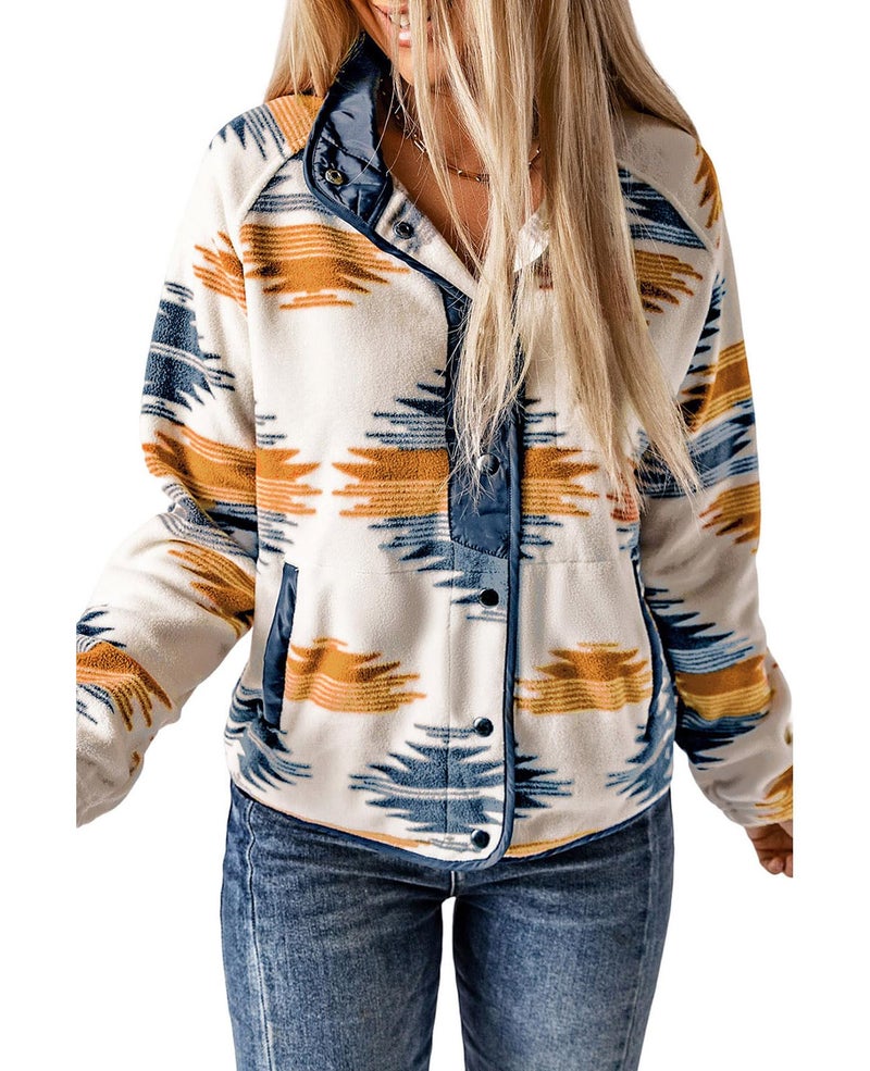 SELINK Womens Fleece Jacket Western Aztec Print Long Sleeve Snap Button Down Shacket Jackets with Pockets Blue-M - Image 4