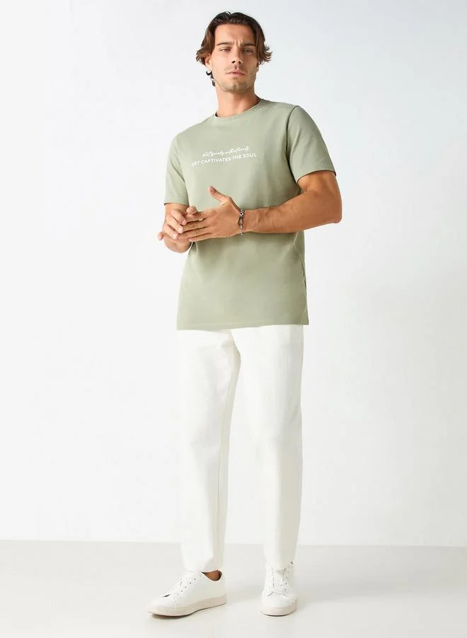 Iconic Iconic Typographic Print Crew Neck T-shirt with Short Sleeves