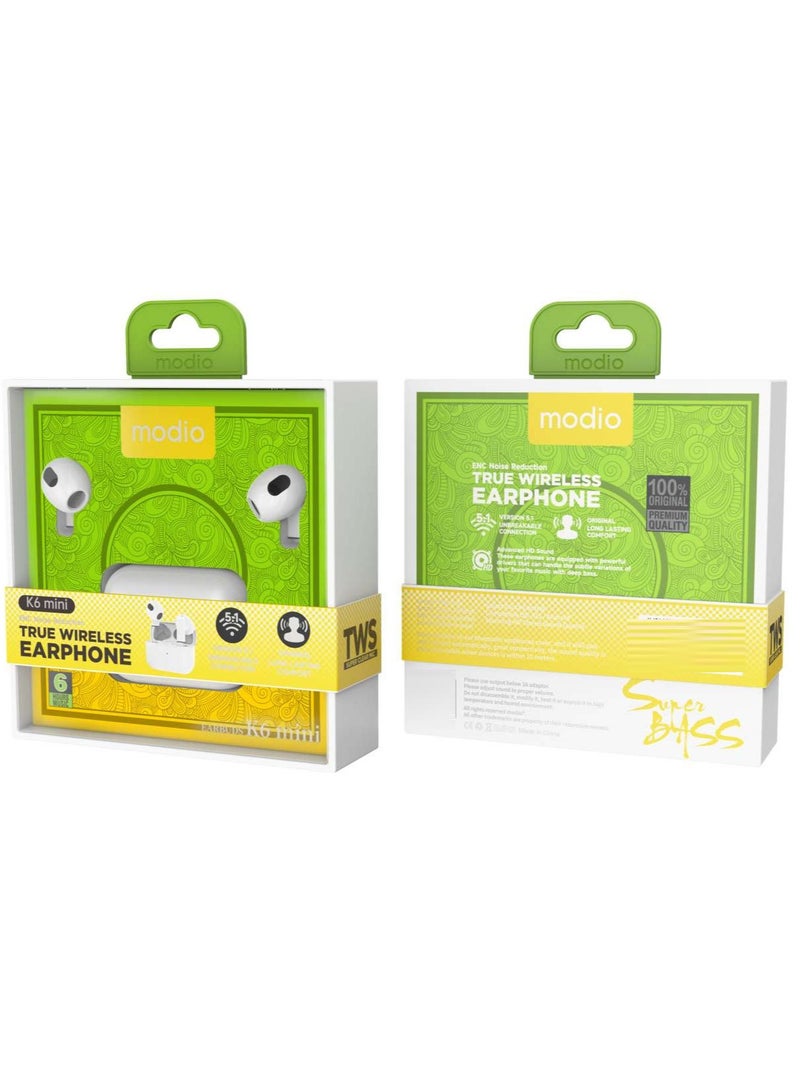 Modio K6 Mini True Wireless Earphones With ENC Noise Reduction Super Bass Sound Quality and HD Clear Microphone - Image 1