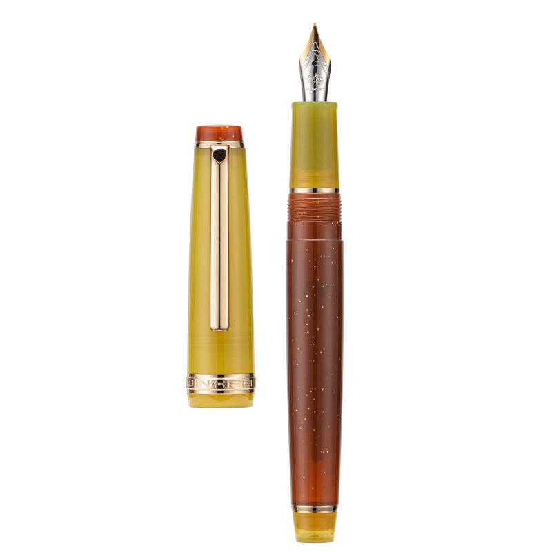 Wikult Jinhao 82 Acrylic Fountain Pen, Iridium Extra Fine Nib with Ink Converter, Vintage Coffee Fluorescent Contrast Color Classic Design Smooth Writing Pen (Gold Trim) - Image 1
