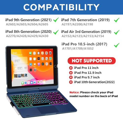 NOKBABO iPad 9th Generation Case with Keyboard 360° Rotatable Touchpad and 7 Color Backlight & Pencil Holder for iPad 9th/8th/7th Gen 10.2 inch & iPad Air 3rd Gen/iPad Pro 10.5 inch - Lake Blue - Image 2