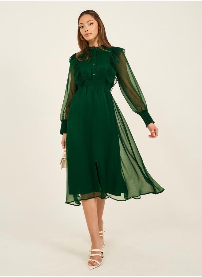 Styli Ruffle Panel Cuffed Sleeve A-Line Maxi Dress  - Image 1