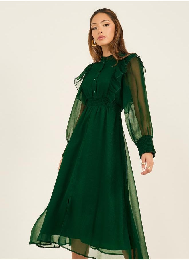 Styli Ruffle Panel Cuffed Sleeve A-Line Maxi Dress  - Image 3
