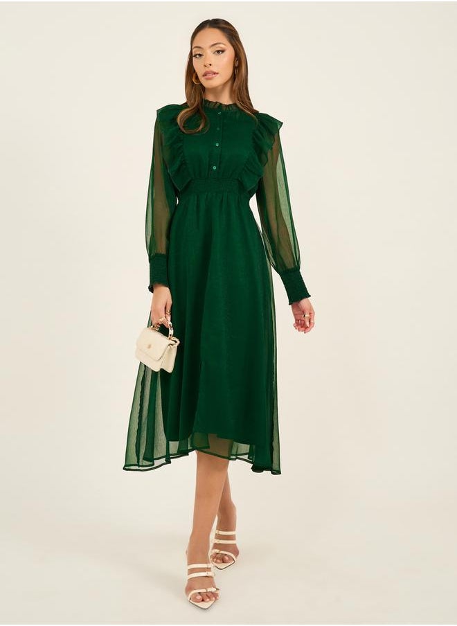 Styli Ruffle Panel Cuffed Sleeve A-Line Maxi Dress  - Image 2