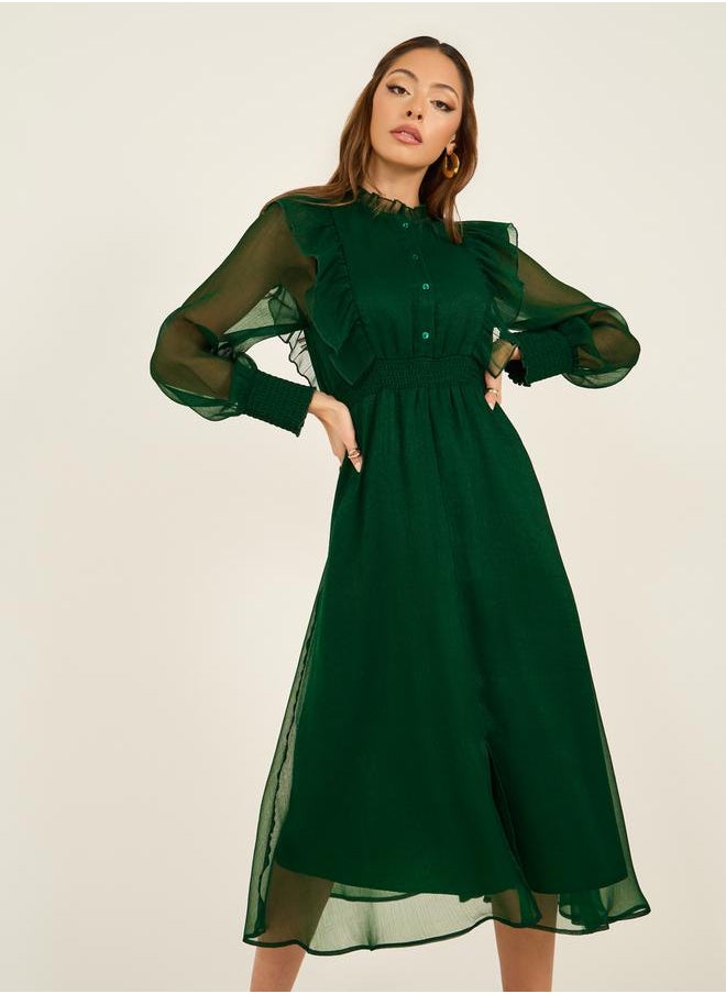 Styli Ruffle Panel Cuffed Sleeve A-Line Maxi Dress  - Image 4
