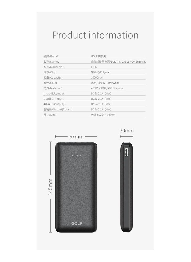 GOLF SPACE Golf L106 10000 Mah Powerbank With Built In Cables – Black  - Image 3