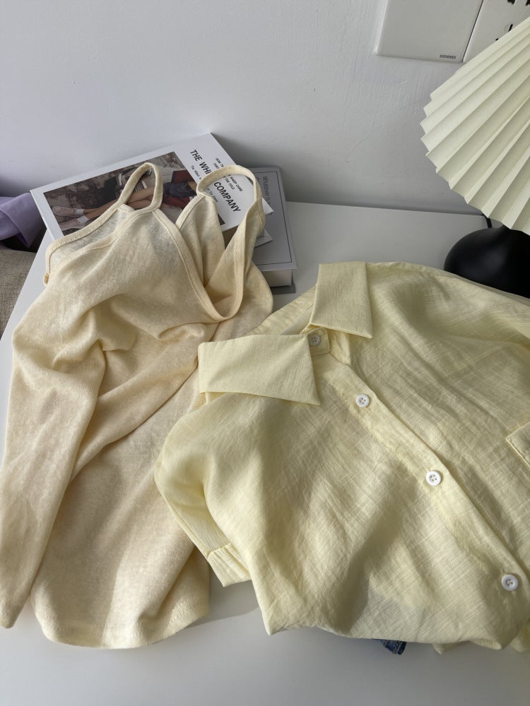 Womens French Ice Silk Sun-protective Shirt Set Yellow sling 