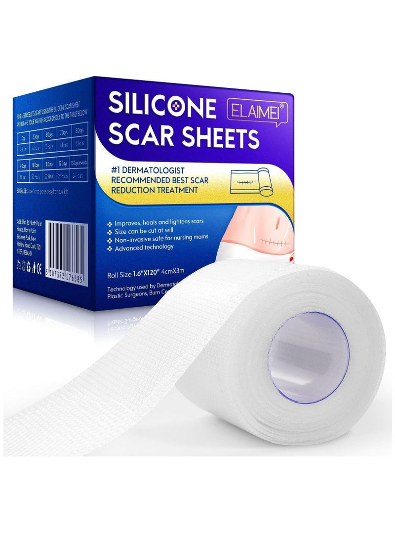 Elaimei شرائح سيليكون لإزالة الندبات (4 سم × 3 م)، شريط سيليكون جل شفاف، شرائط سيليكون طبية غير مرئية، لاصقات متقدمة شفافة لإزالة الندبات للولادة القيصرية، الكيلويد، الحروق، حب الشباب - Image 1
