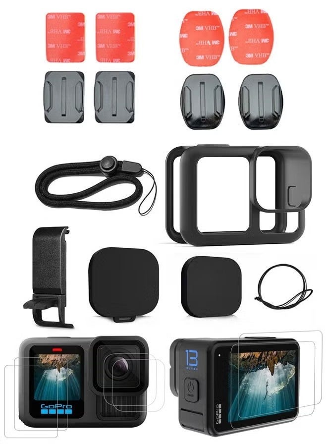 Silicone Case for GoPro Hero 13 Black,Battery Side Cover&Screen Protectors&Lens Caps&Lanyard&Sticky Adhesive Pads Accessories Kit