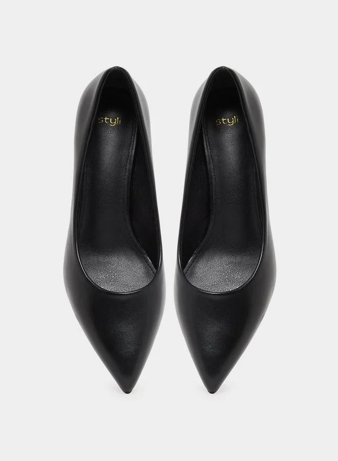 Styli  Black Pointed-Toe Kitten Heel Court Shoes for Women | Best Price UAE