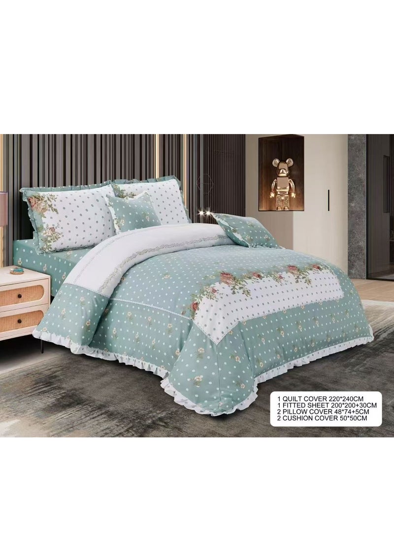 100% Cotton Floral Printed Soft Duvet Cover Ruffle Bedding Set 6 Pieces King Size