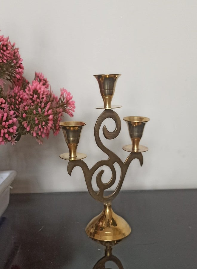 ATRANGEE Bystreet artisans Pure Brass Handcrafted Tabletop 3 Arm Candle Holder | Decorative Candle Stand for Home| Temple (Gold, Pack of 1) - Image 1