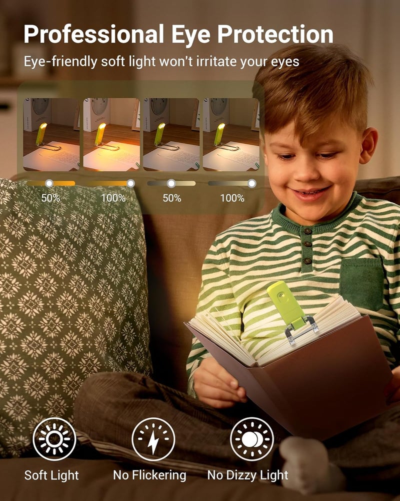 DEWENWILS Book Reading Light, USB Rechargeable Booklight for Reading at Night, LED Clip On Book Lights for Kids, Bookworms, Blue Light Blocking, Amber + Warm White (Green) - Image 2