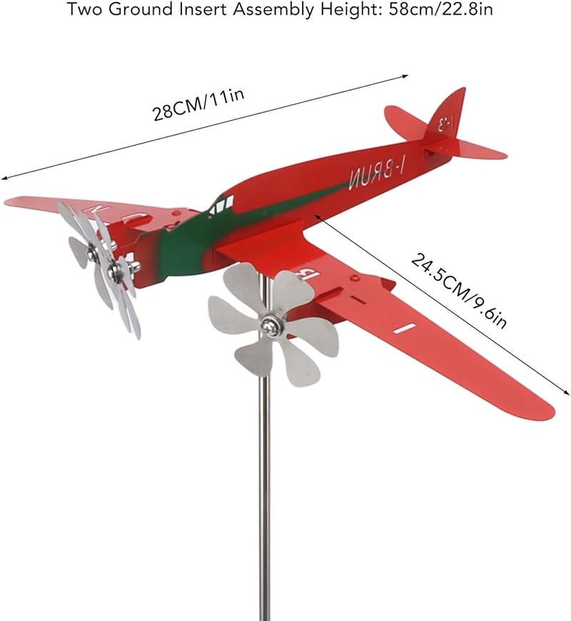 طاحونة هواء معدنية مقاومة للصدأ على شكل طائرة ثلاثية الأبعاد باللون الأحمر لتزيين حديقة الفناء - Image 4