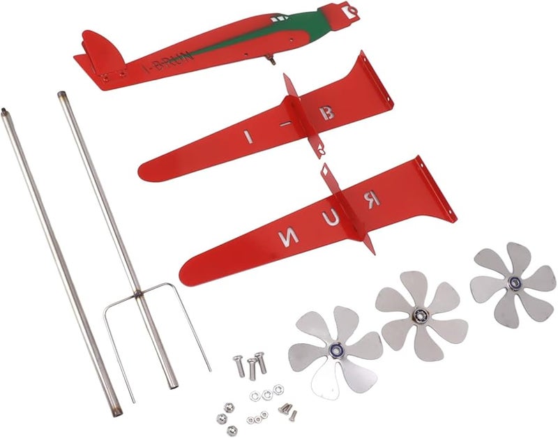 طاحونة هواء معدنية مقاومة للصدأ على شكل طائرة ثلاثية الأبعاد باللون الأحمر لتزيين حديقة الفناء - Image 1