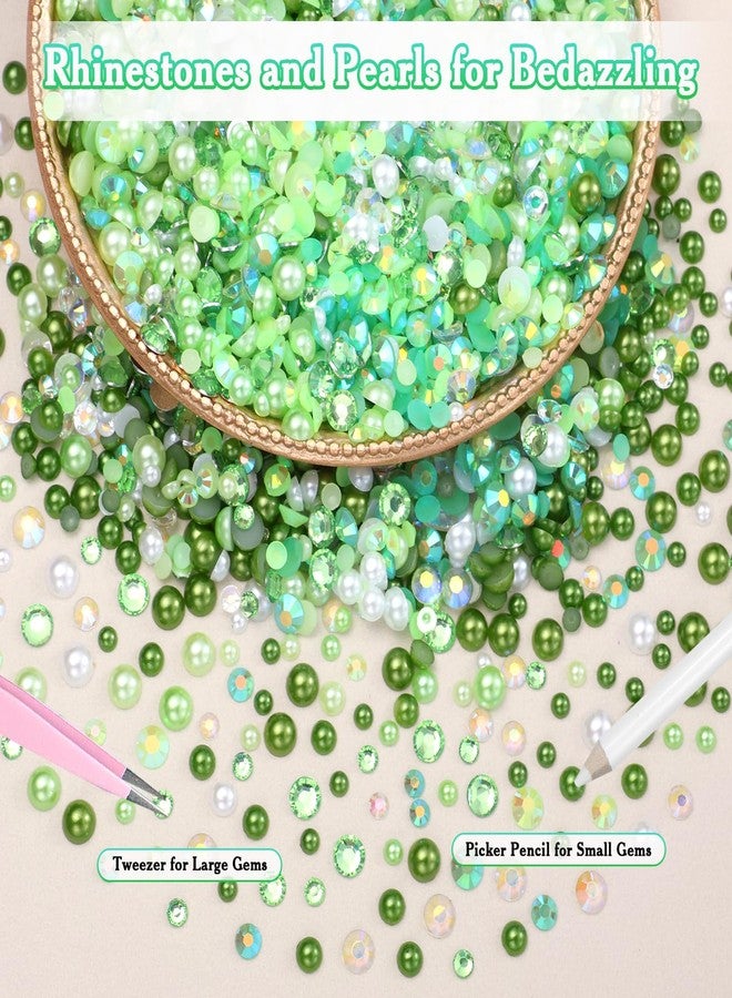 Uotey 2 Boxes Green Flatback Pearls and Rhinestones for Crafting, 3-5 mm Jelly Resin Bedazzling Rhinestones for Crafts, Mixed Size Green Half Pearls for Crafts DIY Mugs Bottles Tumblers Clothes Makeup - Image 4