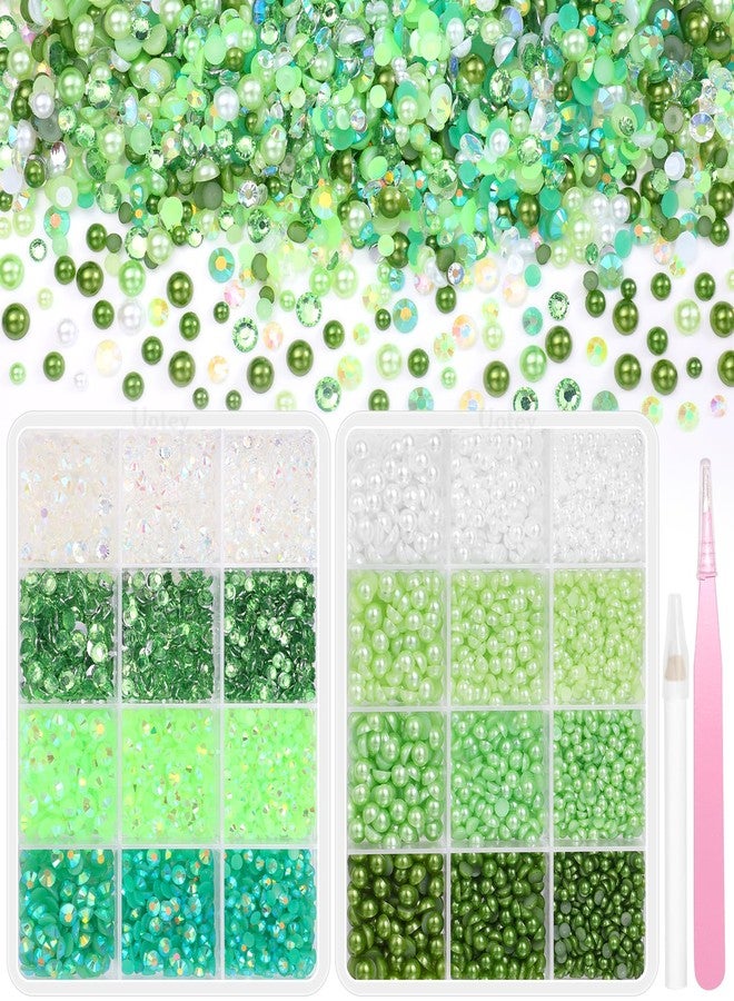 Uotey 2 Boxes Green Flatback Pearls and Rhinestones for Crafting, 3-5 mm Jelly Resin Bedazzling Rhinestones for Crafts, Mixed Size Green Half Pearls for Crafts DIY Mugs Bottles Tumblers Clothes Makeup - Image 1