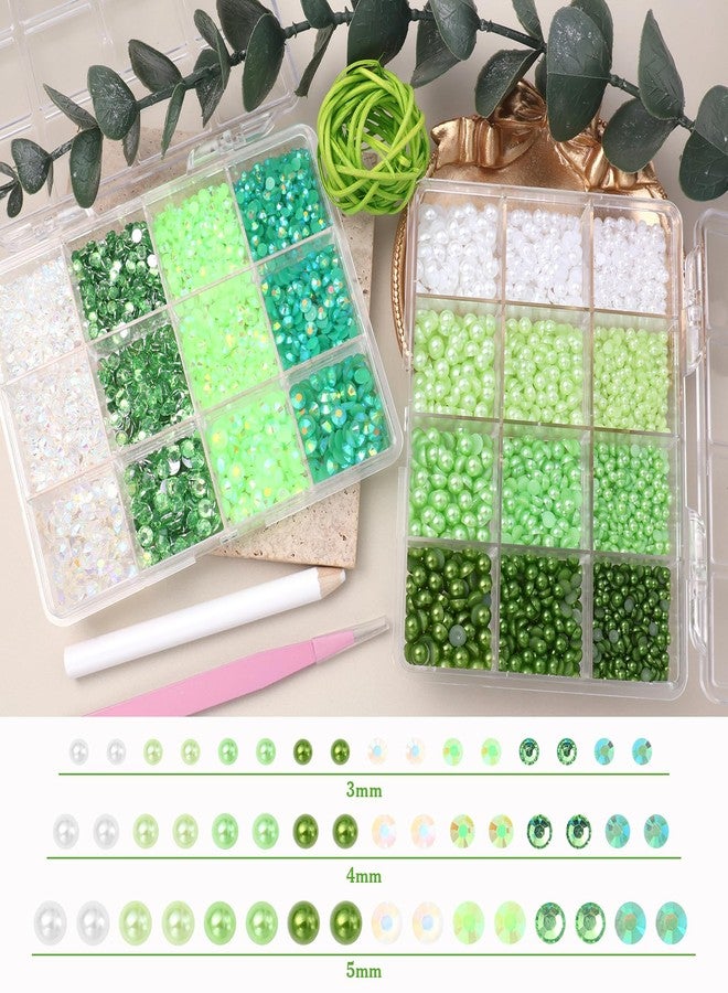 Uotey 2 Boxes Green Flatback Pearls and Rhinestones for Crafting, 3-5 mm Jelly Resin Bedazzling Rhinestones for Crafts, Mixed Size Green Half Pearls for Crafts DIY Mugs Bottles Tumblers Clothes Makeup - Image 3