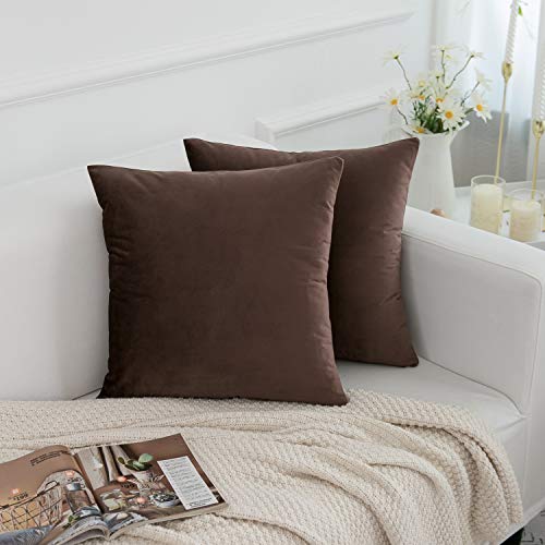 RainRoad Velvet Decorative Throw Pillow Covers Cushion Cover Pillow Case for Sofa Couch Bed Chair,Soft Square Brown Throw Pillows 18x18 Inch,Set of 2 - Image 2