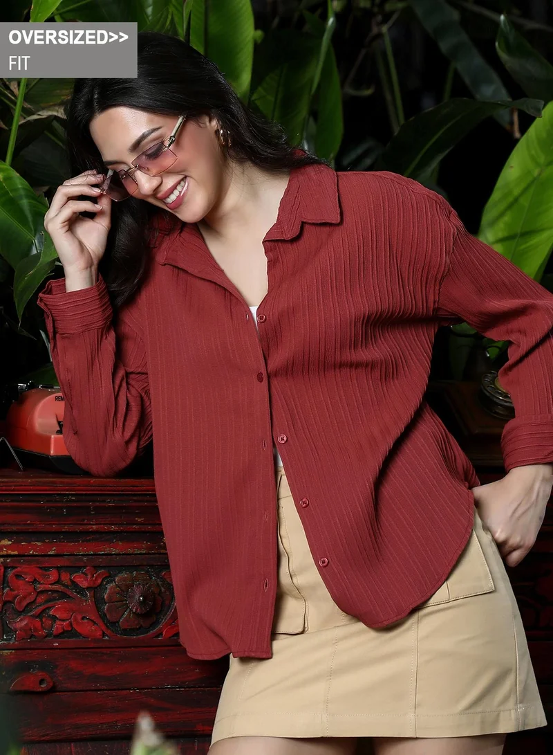 Women's Pin-Tactile Oversized Shirt | Spread Collar , Long Button-Cuff Sleeves, Button Closure | Solid Textured Woven Shirt For Casual & Daily Wear | Rose Red