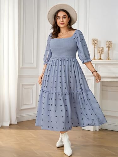 SCOMCHIC Women's Plus Size Maxi Dress Puff Short Sleeve Square Neck Floral Casual Boho Tiered Smocked Ruffle Flowy Long Dresses - Image 5
