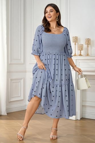 SCOMCHIC Women's Plus Size Maxi Dress Puff Short Sleeve Square Neck Floral Casual Boho Tiered Smocked Ruffle Flowy Long Dresses - Image 4