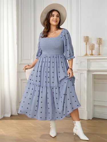 SCOMCHIC Women's Plus Size Maxi Dress Puff Short Sleeve Square Neck Floral Casual Boho Tiered Smocked Ruffle Flowy Long Dresses - Image 2