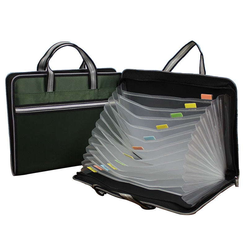 Generic Waterproof A4 Accordion Bag 12-Layer Canvas Document Organizer Army Green