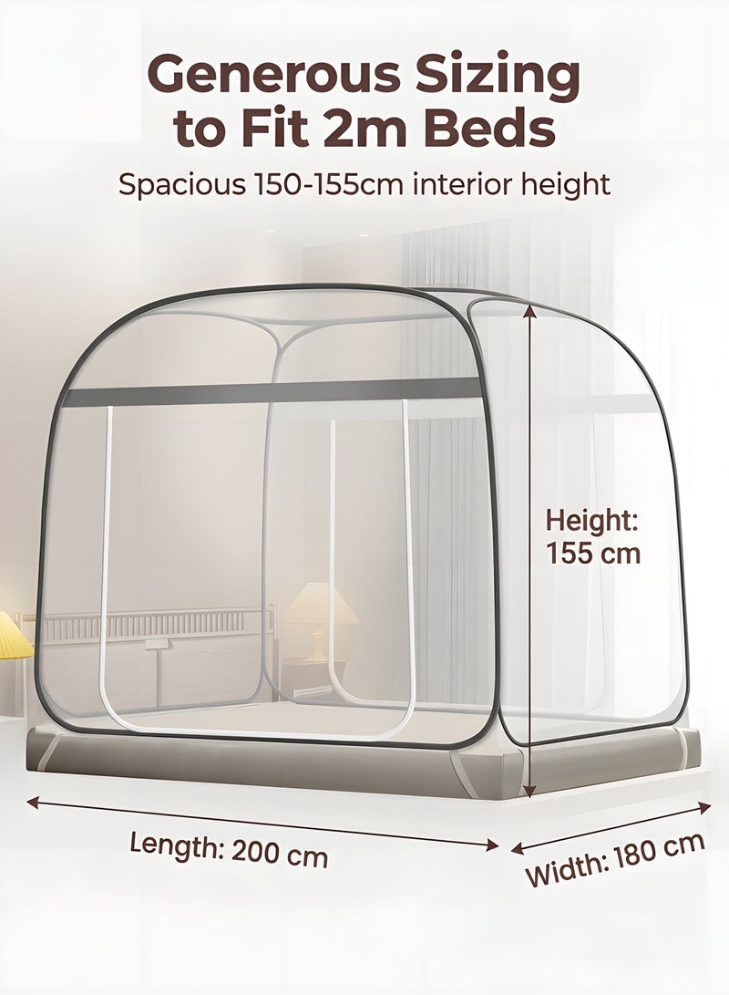Beauenty Pop-Up Mosquito Net, 180cm*200cm Portable Mosquito Netting, with Bottom Mesh Tent, Folding Bed Tent with Double Entry, for Baby Adults, Gray - Image 2