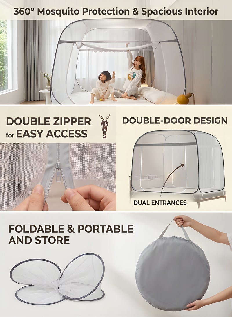 Beauenty Pop-Up Mosquito Net, 180cm*200cm Portable Mosquito Netting, with Bottom Mesh Tent, Folding Bed Tent with Double Entry, for Baby Adults, Gray - Image 3