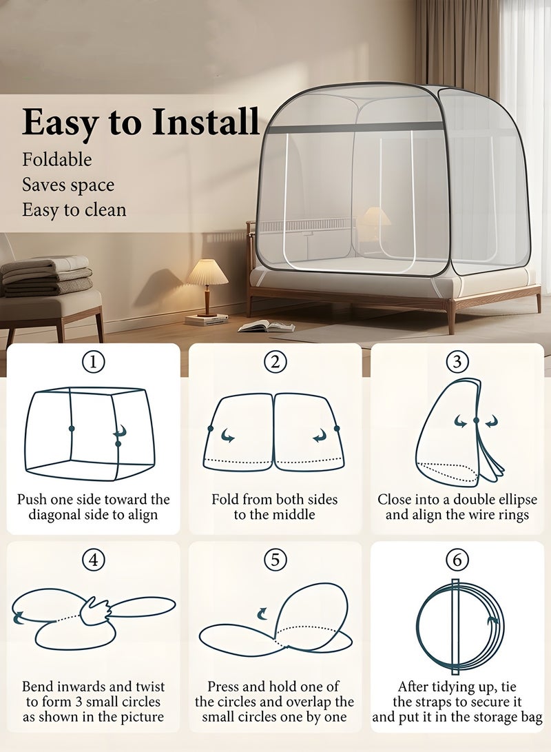 Beauenty Pop-Up Mosquito Net, 180cm*200cm Portable Mosquito Netting, with Bottom Mesh Tent, Folding Bed Tent with Double Entry, for Baby Adults, Gray - Image 4