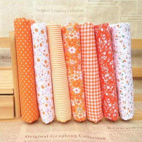 Qintreesify 7Pcs 10 x 10 Top Cotton Craft Fabric Bundle Squares Patchwork DIY Sewing Scrapbooking Quilting Floral Dot Pattern Fabric 25cm x 25cm Orange - Image 1
