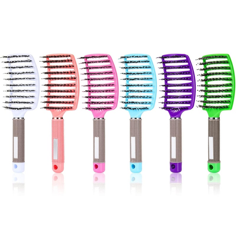 Cunhill 6 Pack Boar Bristle Hair Brushes Curved and Vented Hairbrush Detangler Curved Hair Brushes for Women Detangling Comb for Men Long Wet Dry Thick Curly Blowing Hair Accessories 6 Colors