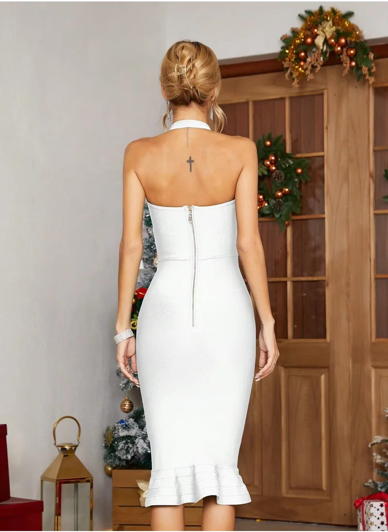مدام يونيك Women's White Halter Fishtail Bandage Bodycon Dress Party Dress
