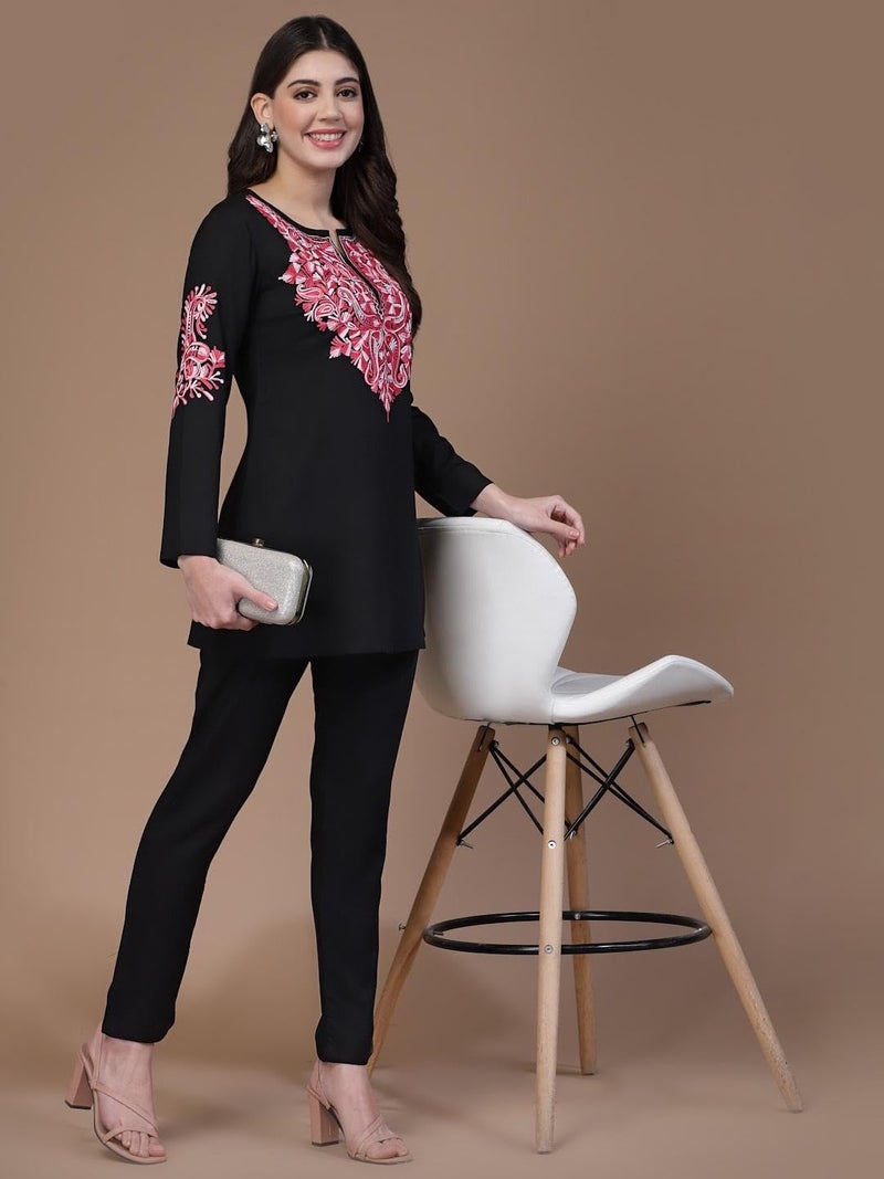 QAZMI Viscose Women Ayesha Kashmiri Embroidered Floral Co-Ords Set|Ethnic Kurta Set_Small (Black) - Image 3