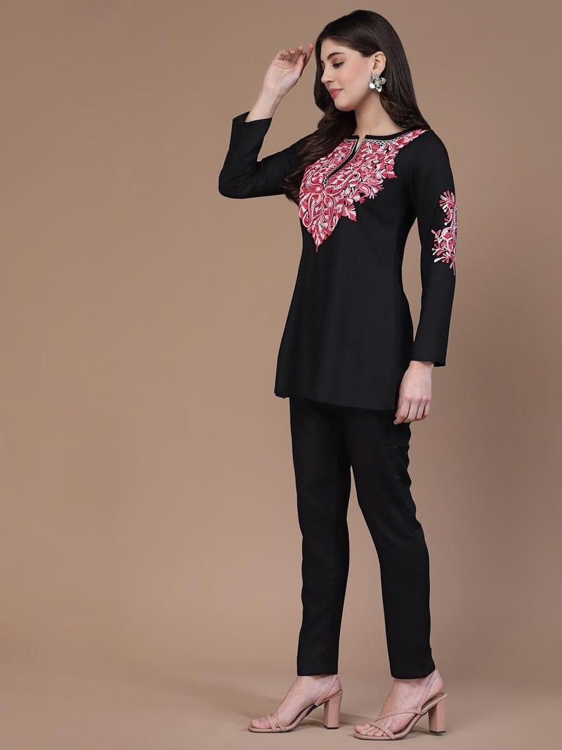 QAZMI Viscose Women Ayesha Kashmiri Embroidered Floral Co-Ords Set|Ethnic Kurta Set_Small (Black) - Image 2