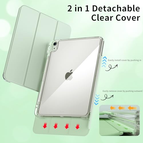 kenke Hybrid Case for iPad Air 11 Inch (M3) 2025 / (M2) 2024, iPad Air 5th/4th Gen 2022/2020 10.9 Inch with Pencil Holder, Detachable Cover with Clear Hard Back Shell, Auto Sleep/Wake, Light Green - Image 5
